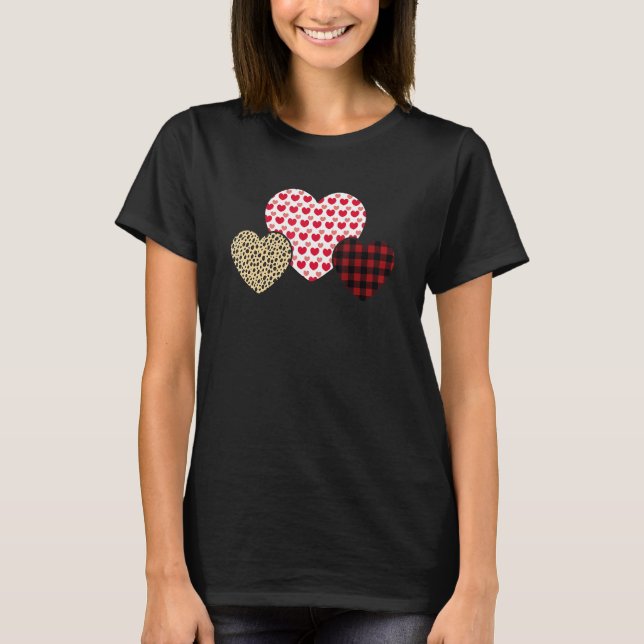 T-shirt Happy Valentines Day Hearts Leopard Buffalo Plaid  (Devant)