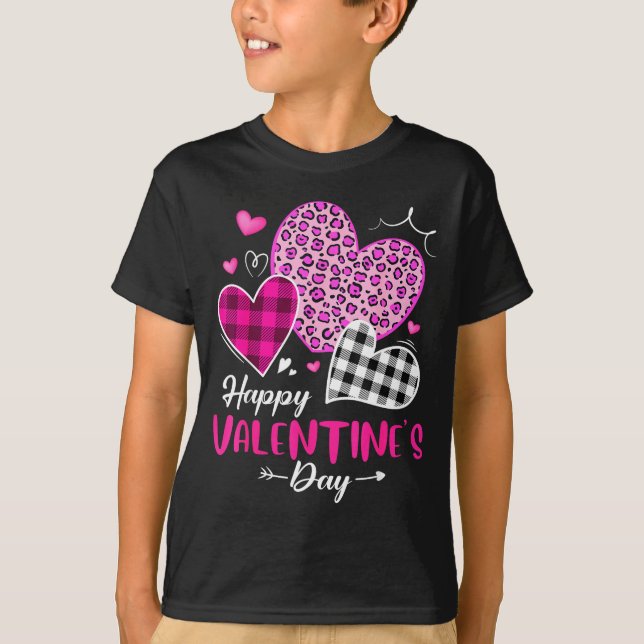 T-shirt Happy Valentine's Day Leopard And Plaid Hearts Gir (Devant)