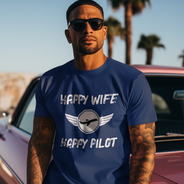 T-shirt Happy Wife Happy Pilot Typographie, Aviation, Drôl (Créateur téléchargé)