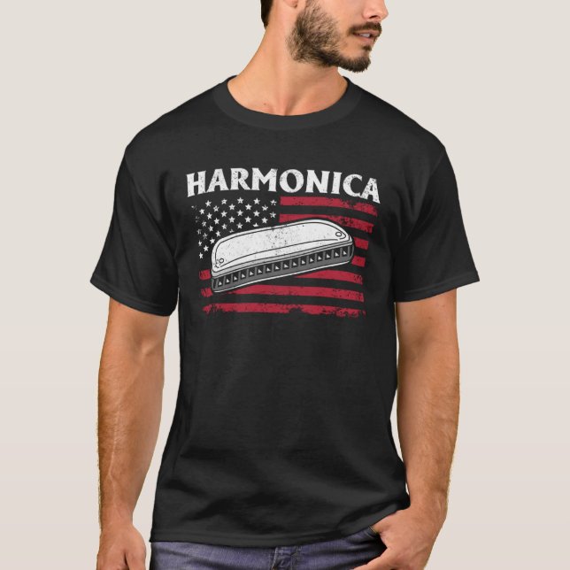 T-shirt Harmonica Instrument Harmonica Drapeau américain (Devant)