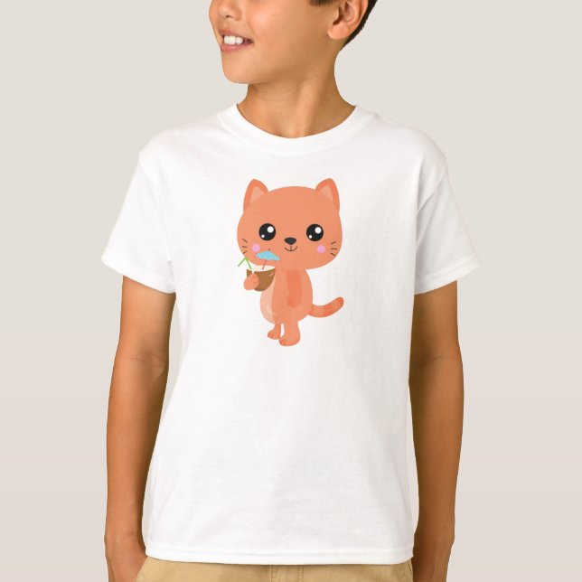 T-shirt Hawaii Cat, Cute Cat, Orange Cat, Cocktail, Luau (Devant)