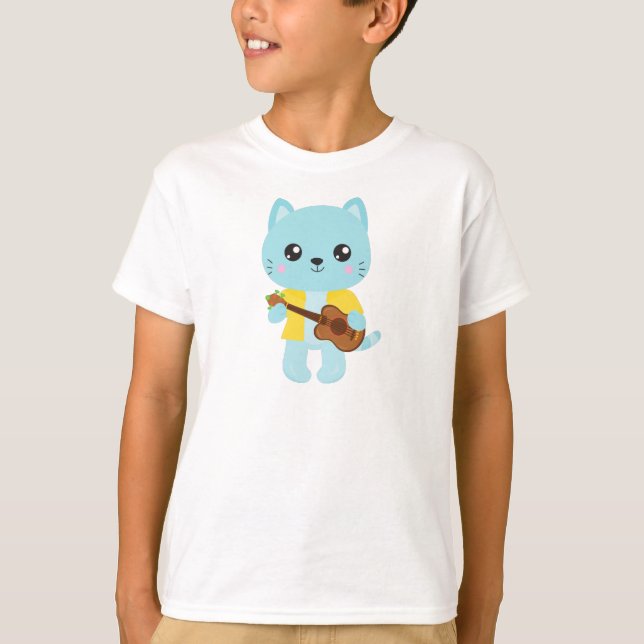 T-shirt Hawaii Chat, Cute Chat, Blue Chat, Guitare, Luau (Devant)