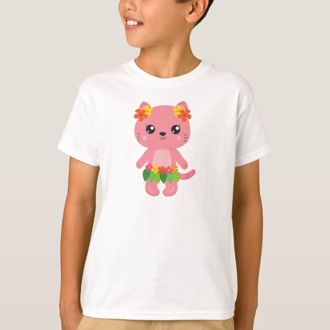 T-shirt Hawaii Chat, Cute Chat, Chat Rose, Fleurs, Luau (Devant)