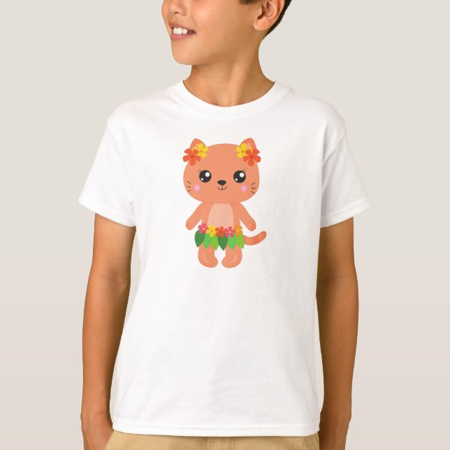 T-shirt Hawaii Chat, Cute Chat, Orange Chat, Fleurs, Luau (Devant)