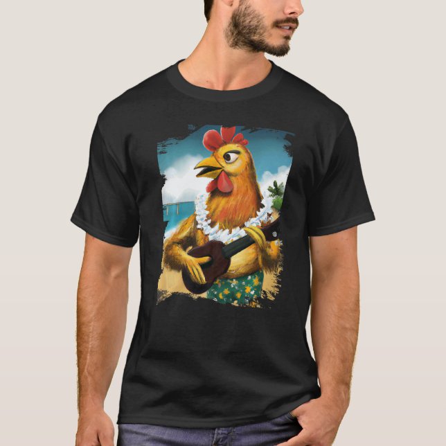 T-shirt Hawaiian Aloha Chicken Playing Ukulele Beach (Devant)