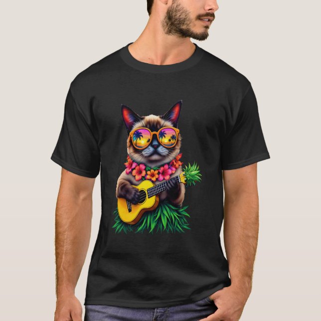 T-shirt Hawaiian Siamese Chat & ananas Ukulele Summer Va (Devant)