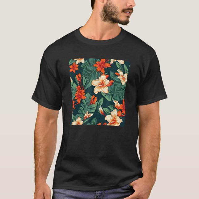 T-shirt Hawaiian Tropical Flower Leaf Pattern Beach Vacati (Devant)