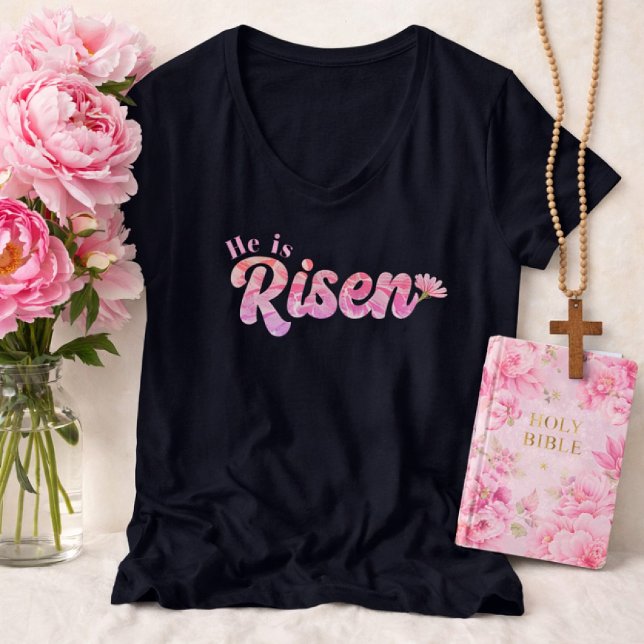 T-shirt He Is Risen Pink Floral Bold Lettering Easter (He is Risen Navy Blue Pink Floral Lettering Easter Shirt)