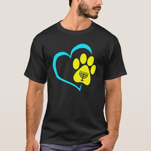 T-shirt Heart Dog Paw Print Menorah Hanukkah Chanukah Jewi (Devant)