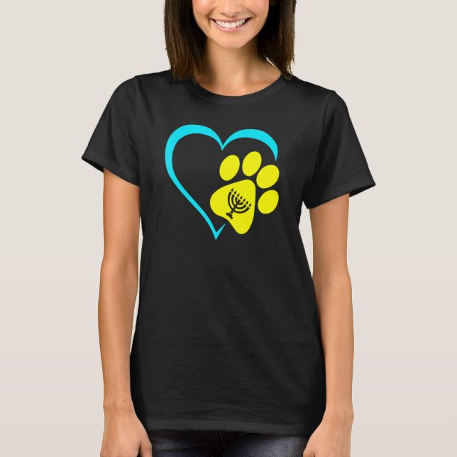 T-shirt Heart Dog Paw Print Menorah Hanukkah Chanukah Jewi (Devant)