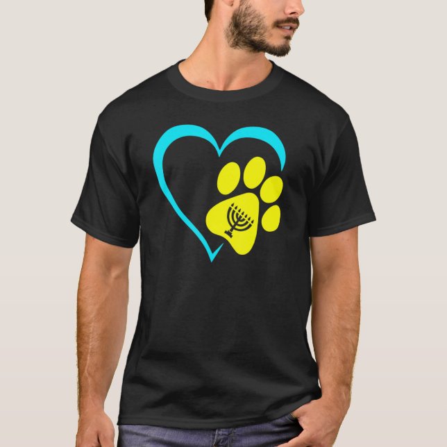 T-shirt Heart Dog Paw Print Menorah Hanukkah Chanukah Jewi (Devant)