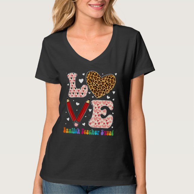 T-shirt Heart English Teacher Squad Leopard Plaid Valentin (Devant)