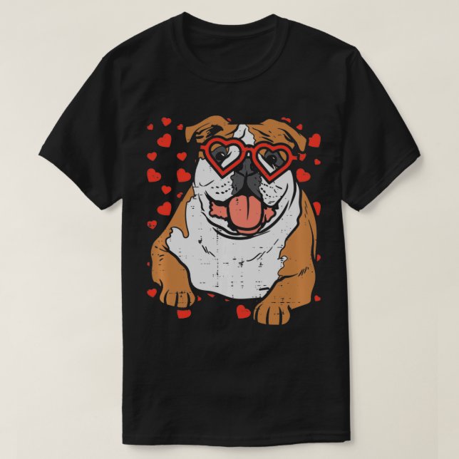 T-shirt Heart Glasses English Bulldog Cute Valentines Day  (Design devant)