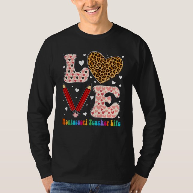 T-shirt Heart Montessori Teacher Life Leopard Plaid Valent (Devant)