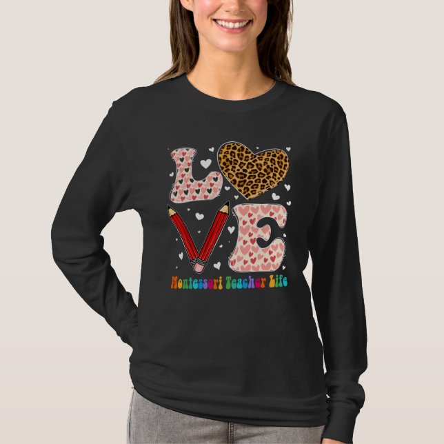 T-shirt Heart Montessori Teacher Life Leopard Plaid Valent (Devant)