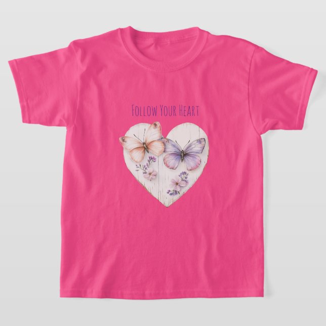T-shirt Heart Pink Purple Butterflies & Flowers (Poser)