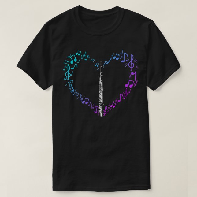 T-shirt Heart Sheet Music Clef Transverse Flute 1074 (Design devant)
