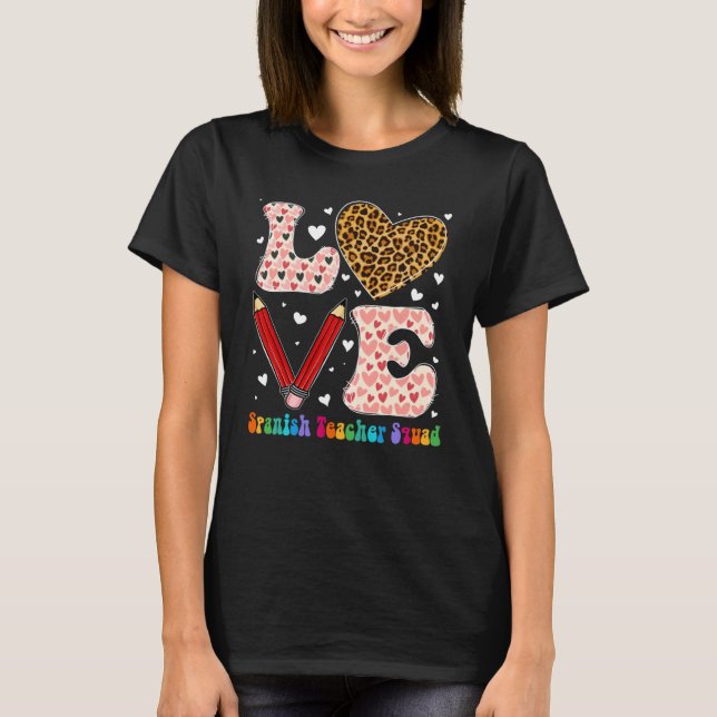T-shirt Heart Spanish Teacher Squad Leopard Plaid Red Vale (Devant)