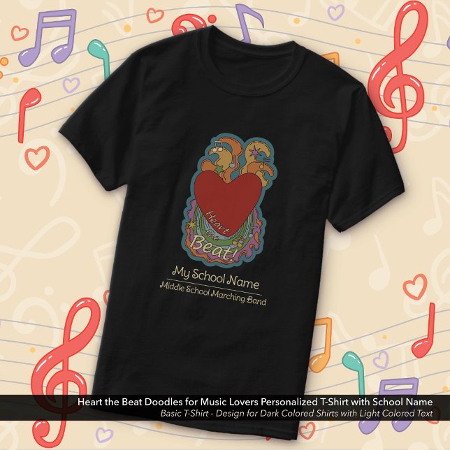 T-shirt Heart the Beat Doodles Music Lovers Nom de l'école (Heart the Beat Doodles Music Lovers T-Shirt Personalized with School with Your Name)
