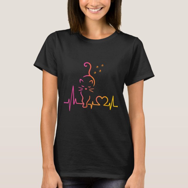 T-shirt Heartbeat Cat Lover Animal Silhouette Cute Cat  (Devant)