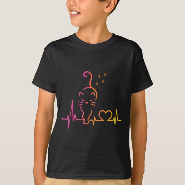 T-shirt Heartbeat Cat Lover Animal Silhouette Cute Cat  (Devant)