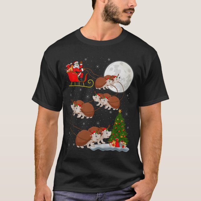 T-shirt Hedgehog Santa Sleigh Flying Funny Magical Christm (Devant)