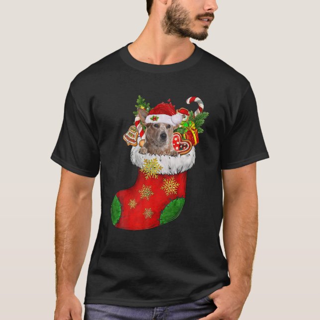 T-shirt Heeler ROUGE En Sock Noël Noël Chapeau Noël Chien  (Devant)