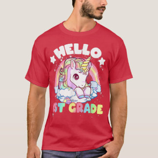 T-shirt Hello 1st Grade First Unicorn Cute Kids Girls Back