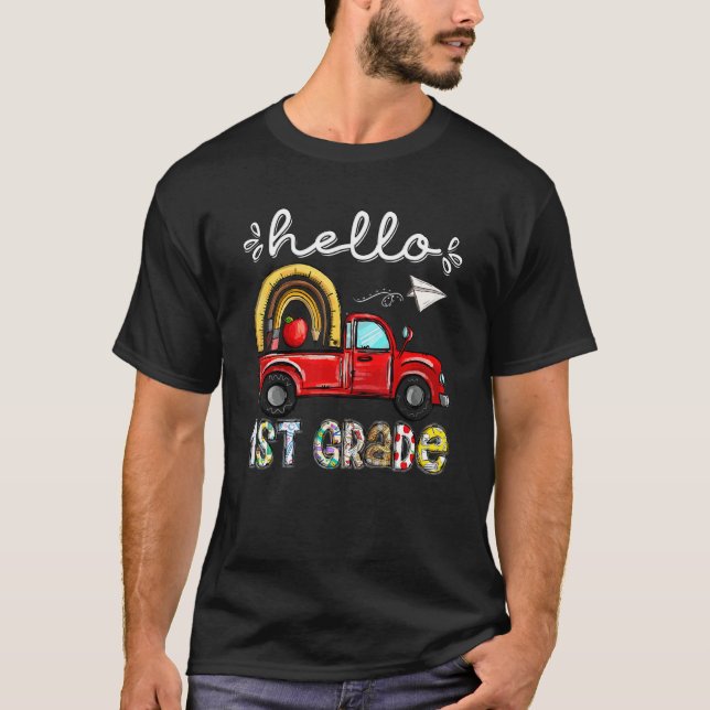 T-shirt Hello 1st Grade Truck Rainbow Teacher Student Back (Devant)