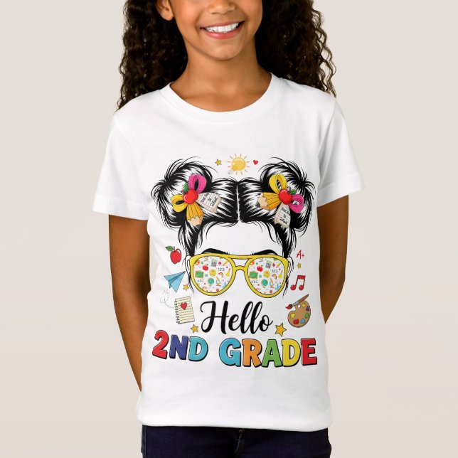 T-Shirt Hello 2nd Grade Messy Bun Coquette Bow Teacher (Devant)
