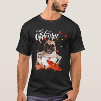 T-shirt Hello Autumn Pug Dog And Coffee Dog Fall Leaves Th