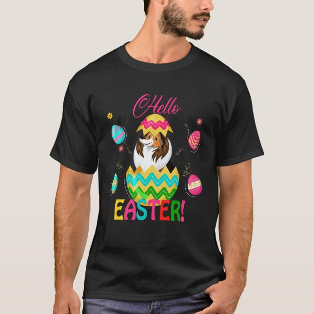 T-shirt Hello Easter Shetland Sheepdog Inside Chocolate Eg (Devant)