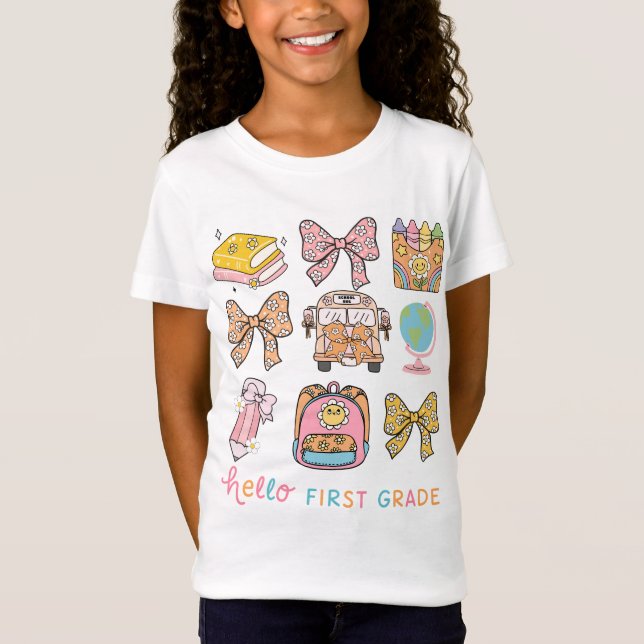 T-Shirt Hello First Grade Back To School Coquette Bow (Devant)