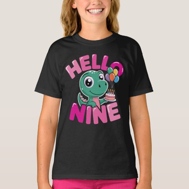 T-shirt Hello Nine Dinosaur Birthday Girl Coquette Bow (Devant)