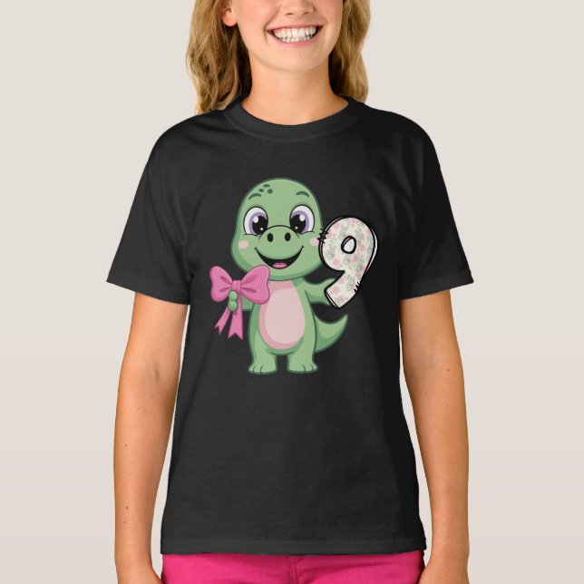 T-shirt Hello Nine Dinosaur Birthday Girl Coquette Bow (Devant)