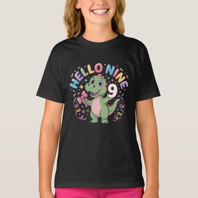 T-shirt Hello Nine Dinosaur Birthday Girl Coquette Bow (Devant)