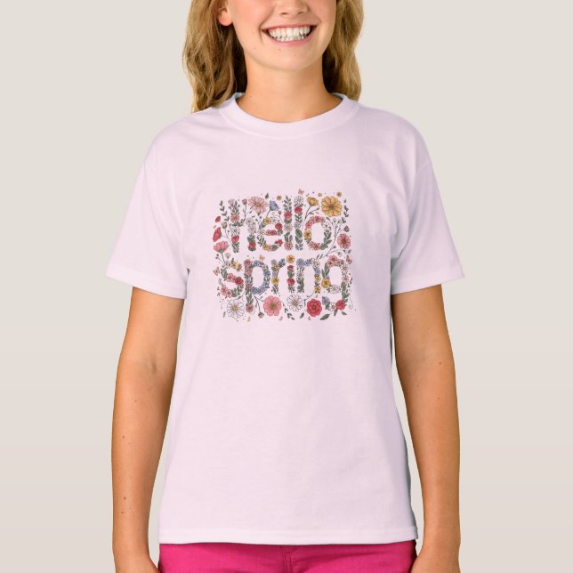 T-shirt Hello Spring – Floral Lettering Design (Devant)