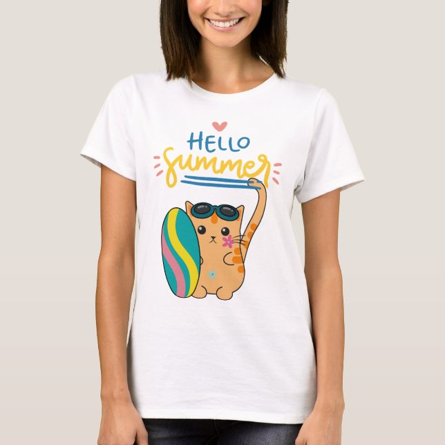 T-shirt "Hello Summer Cat Surfer" (Devant)