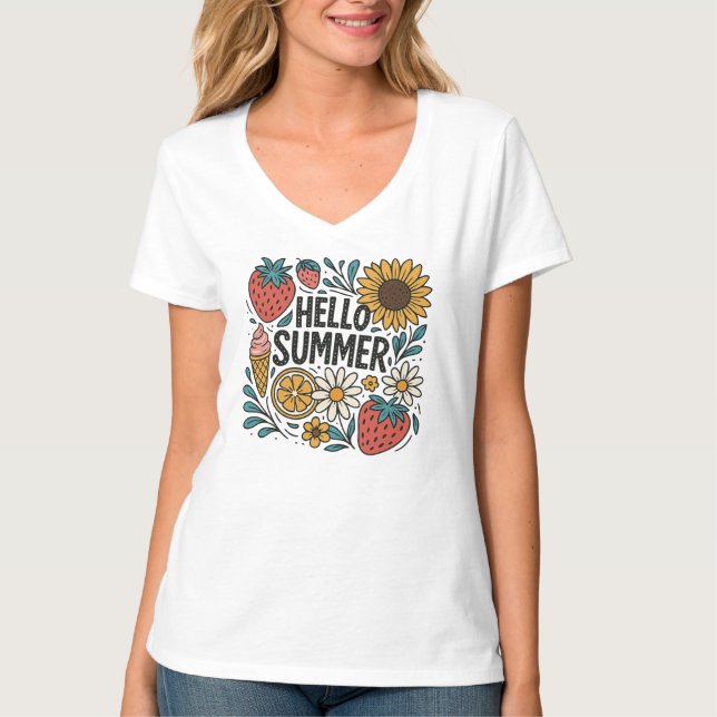 T-shirt Hello summer retro png｜Hello summer strawberry (Devant)