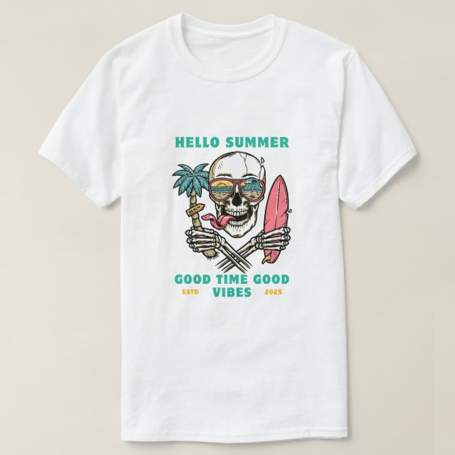 T-shirt "Hello Summer – Skull Surfer Good Vibes" (Design devant)