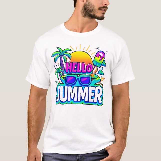 T-shirt Hello Summer Vibes - Tropical Cartoon Design (Devant)