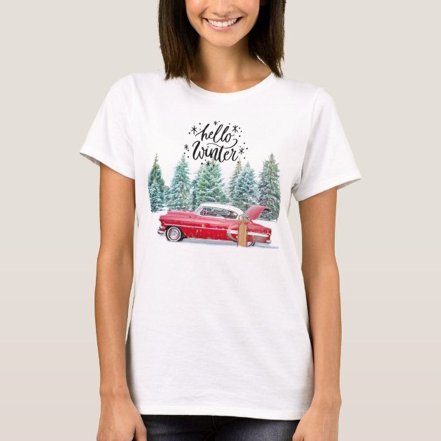 T-shirt Hello Winter - Antique voiture rouge (Devant)