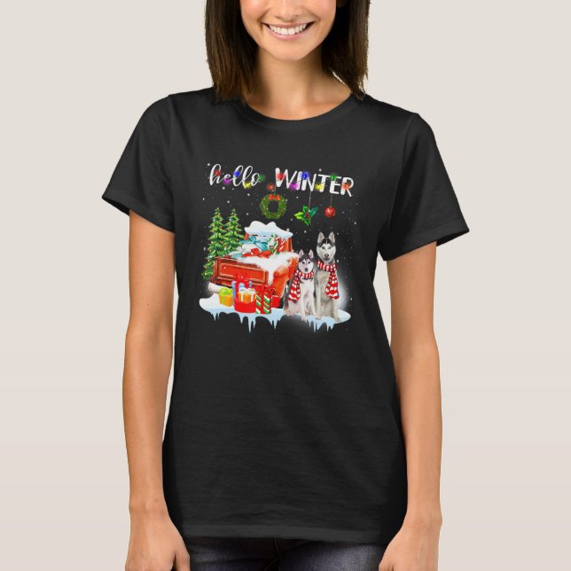 T-shirt Hello Winter  Cute Husky Christmas Tree Snow (Devant)