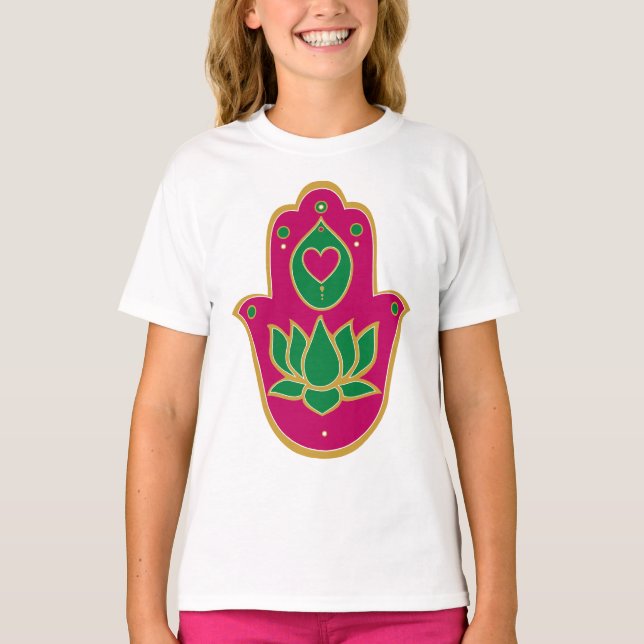 T-shirt Henna Hamsa Lotus Vert & Rose (Devant)