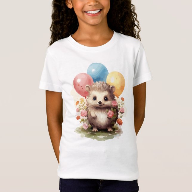 T-Shirt Hérisson d'aquarelle rétro mignon avec ballons (Devant)