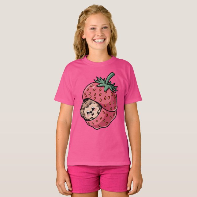 T-shirt Hérisson mignon à l'intérieur d'une fraise (Devant entier)
