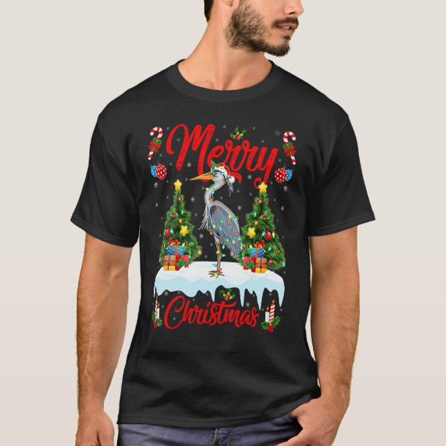 T-shirt Heron Bird Lights Xmas Tree Santa Heron Christmas (Devant)