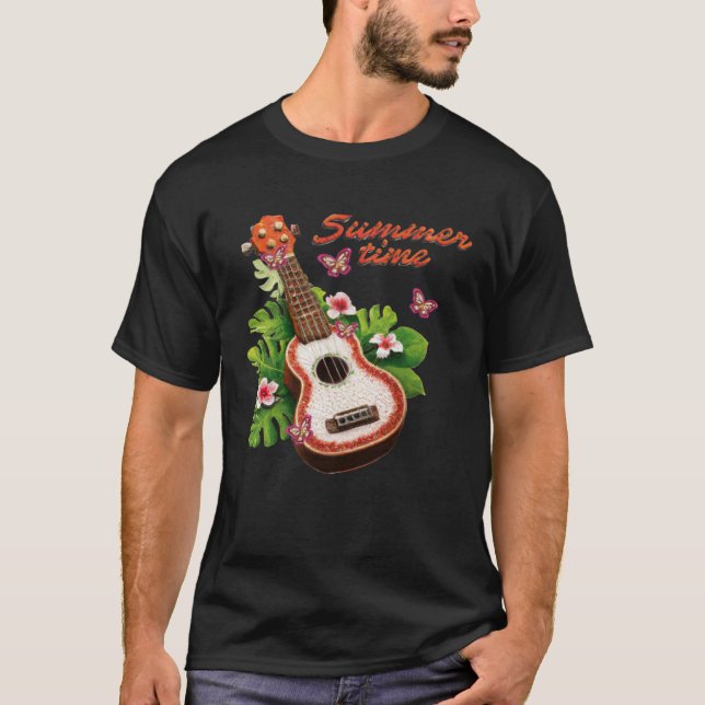 T-shirt Heure d'été Hawaii Ukulele Lute Flowers (Devant)