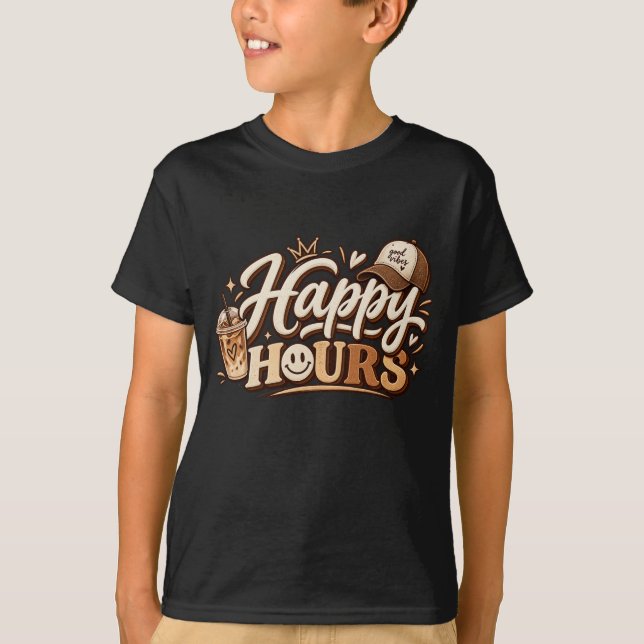 T-shirt Heures Heureuses | Typographie Marron et Crème Vin (Devant)