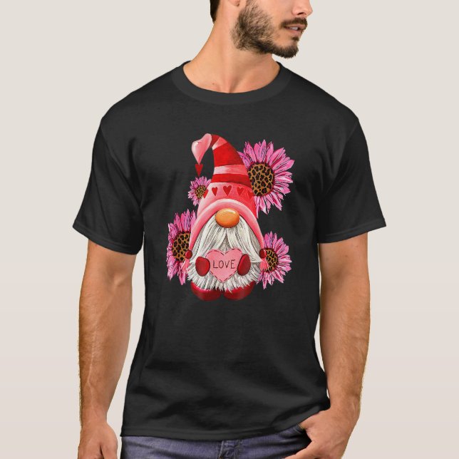 T-shirt Heureuse Sainte-Valentin Gnome avec tournesol léop (Devant)